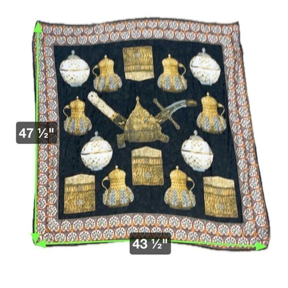 Vintage Silk Scarf Golden Teapots Knives Jewels Pattern Large 47" Classic India - Picture 3 of 3